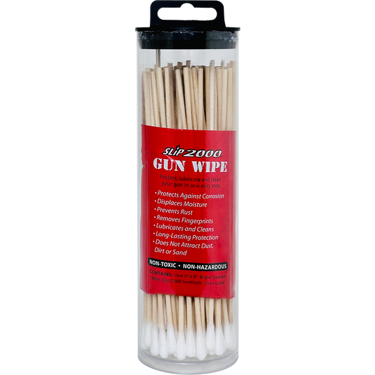 A tube of long cotton swabs with a Slip 2000 Gun Wipe in front of them inside the tube.