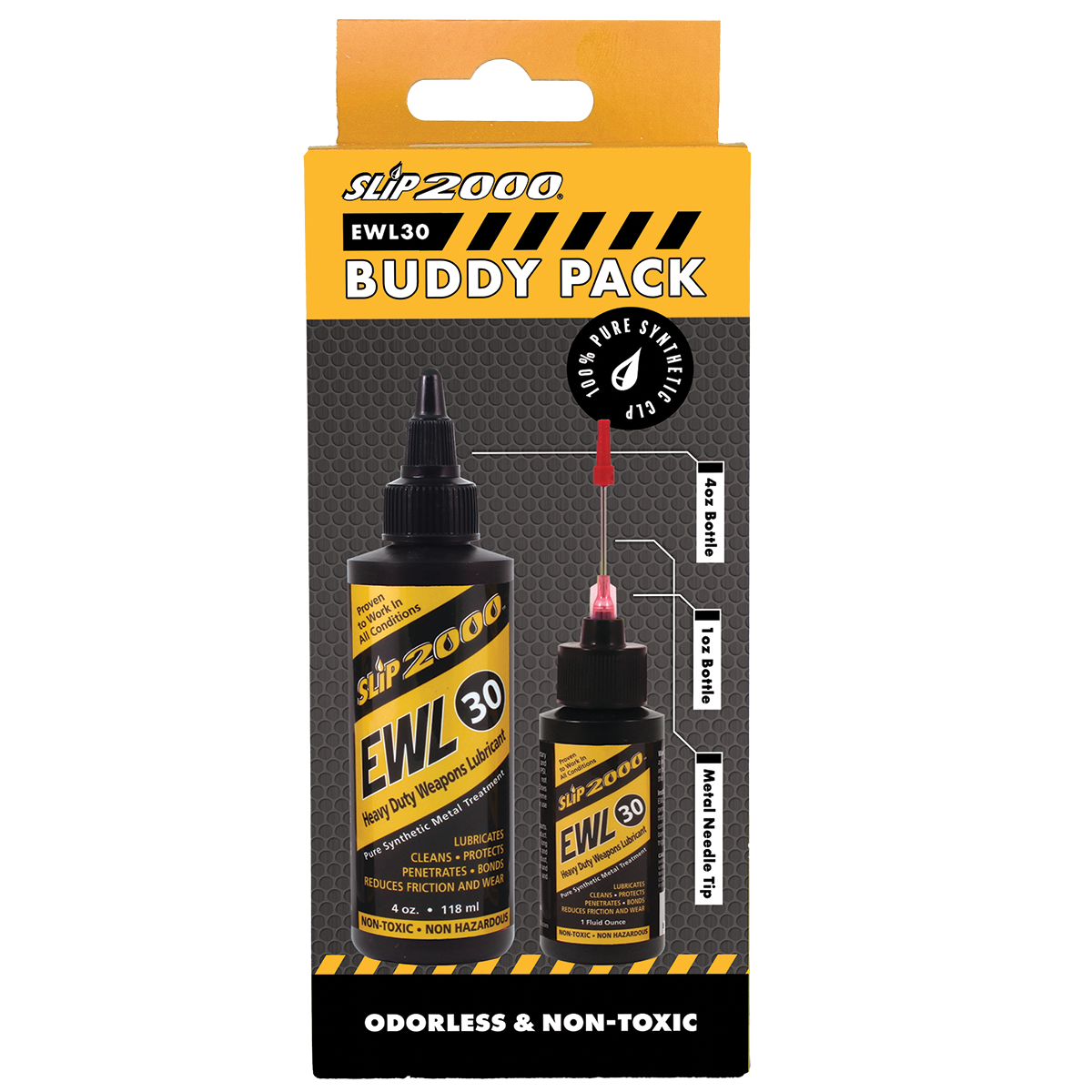 A Slip 2000 EWL30 Buddy Pack box with a photo of a 4oz and 1oz bottle and needle tip.