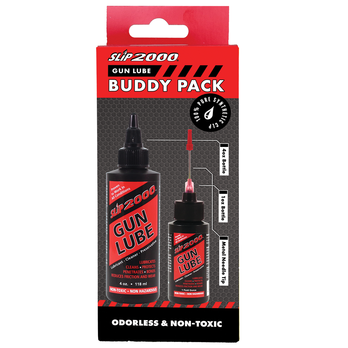 Slip 2000 Buddy Pack box with an image of the 4oz and 1oz bottles and a needle tip.