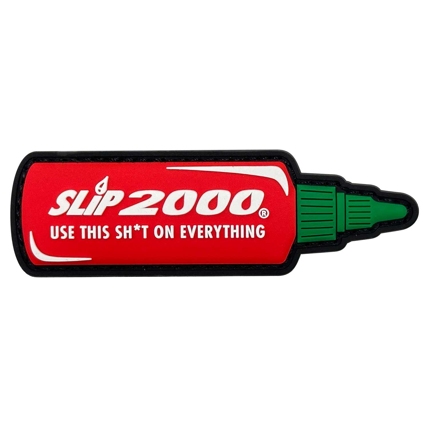 A PVC patch designed to look like a hot sauce bottle with the text 'SLIP 2000 USE THIS SH*T ON EVERYTHING' on a red background with the cap part of the design in green