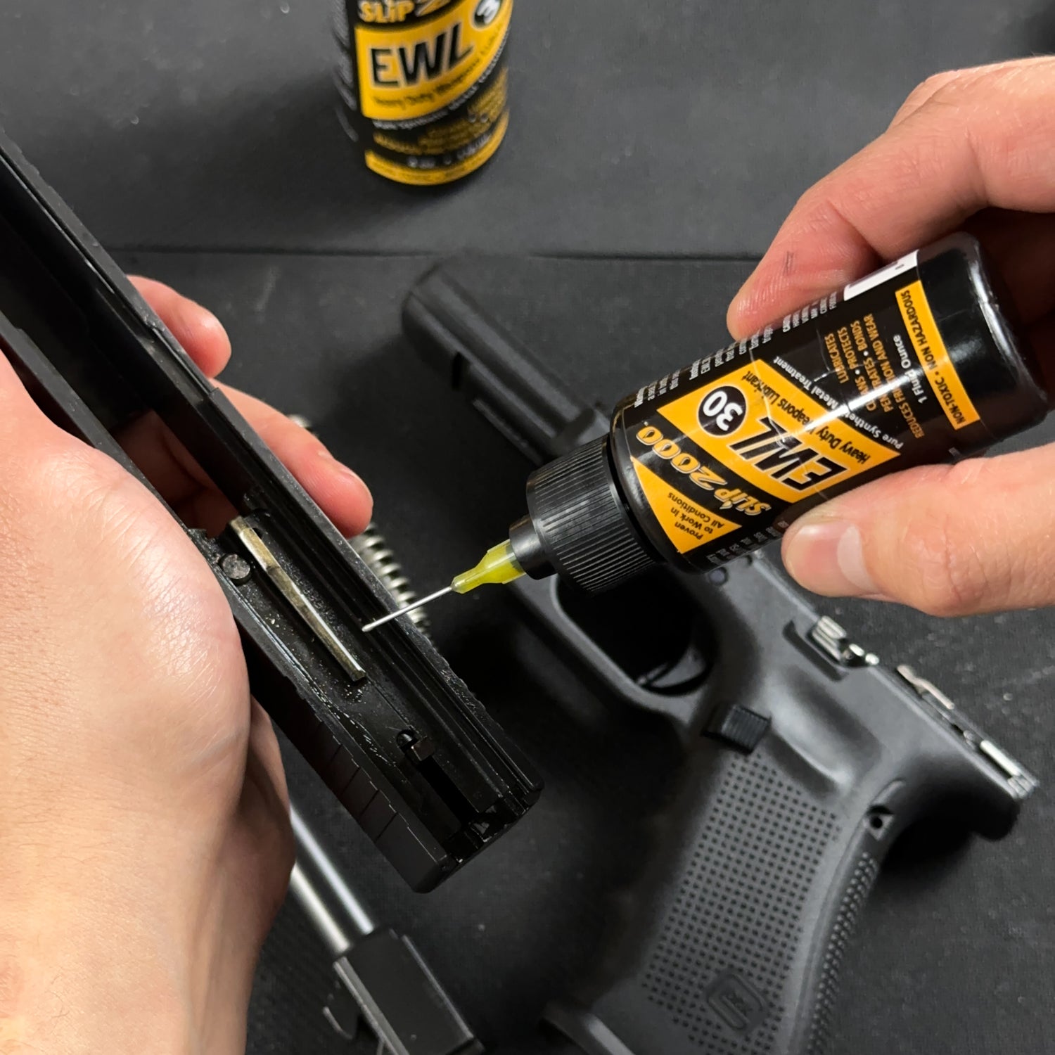 Slip 2000 EWL30 being used to lubricate a Glock 17 slide