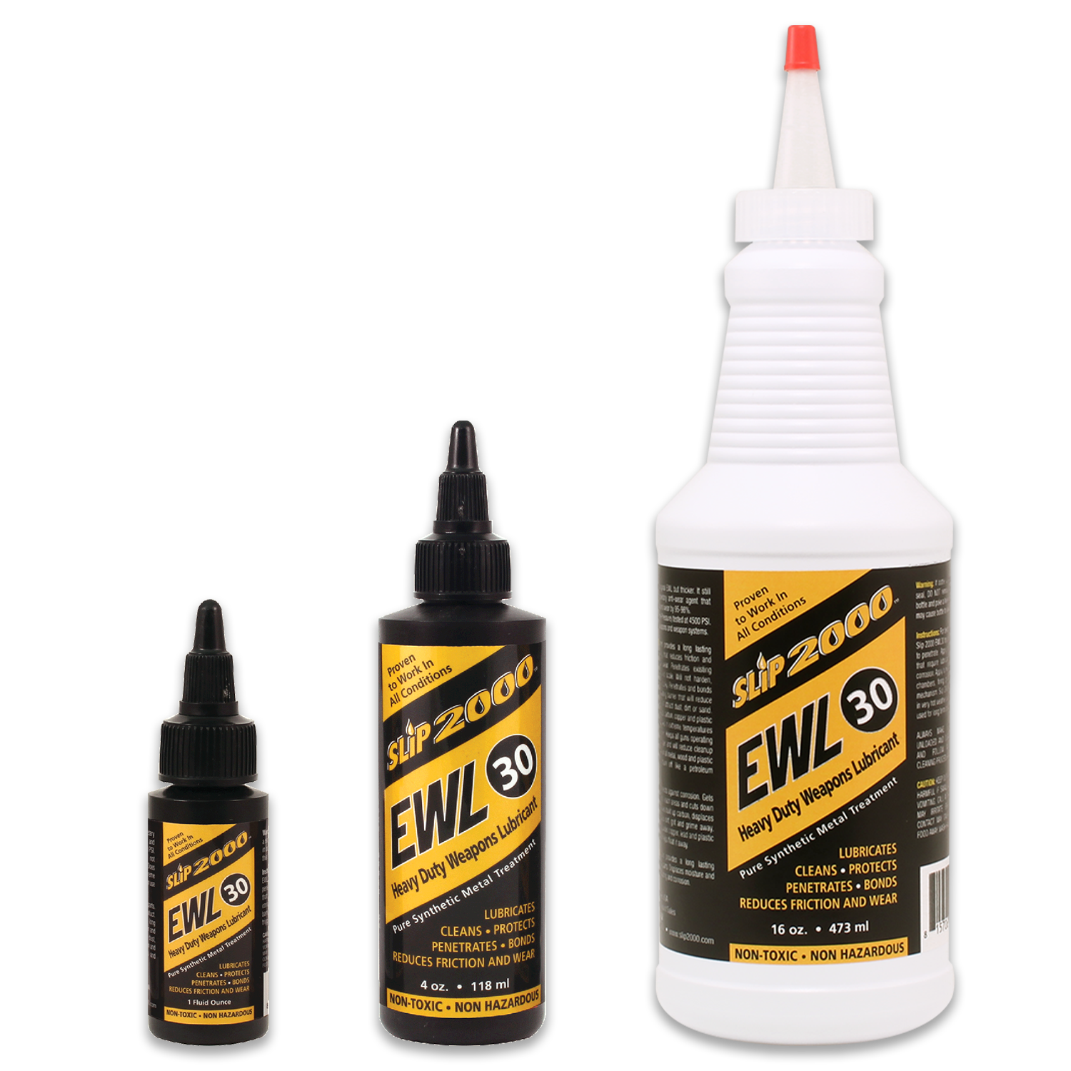 Three bottles of Slip 2000 EWL30 Heavy Duty Weapons Lubricant, in different sizes, with black and yellow labeling.