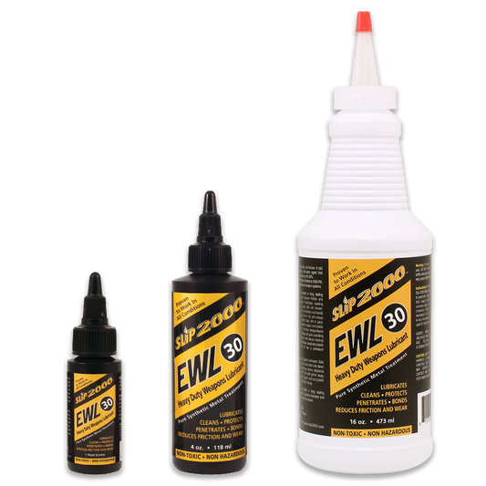 Three bottles of Slip 2000 EWL30 Heavy Duty Weapons Lubricant, in different sizes, with black and yellow labeling.