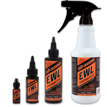 A set of bottles of Slip 2000 Extreme Weapons Lubricant (EWL) in various sizes designed for firearms maintenance.