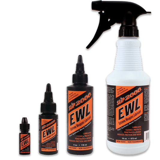 A set of bottles of Slip 2000 Extreme Weapons Lubricant (EWL) in various sizes designed for firearms maintenance.