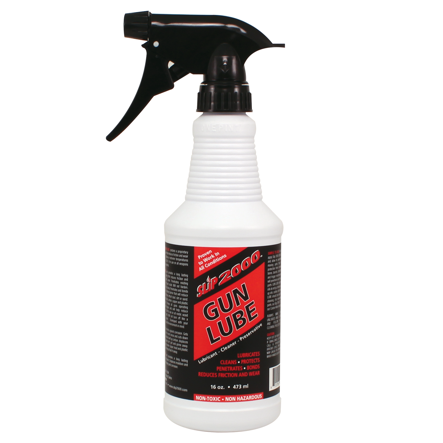 Red and white Slip 2000 16 ounce bottle of Gun Lube with a black trigger spray cap