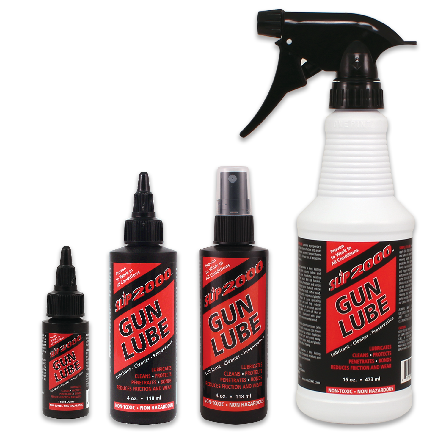A set of Slip 2000 Gun Lube products including a spray bottle, two smaller bottles, and a bottle with a black cap.